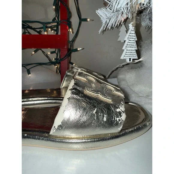 Tory Burch Miller Metal Logo Slides Gold Metallic Leather Sandals Women Size 8 - Picture 3 of 9